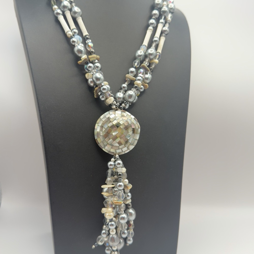 Vtg Silver Tone Statement Necklace Tassel Beaded AB Crystal Mosaic MOP Chunky